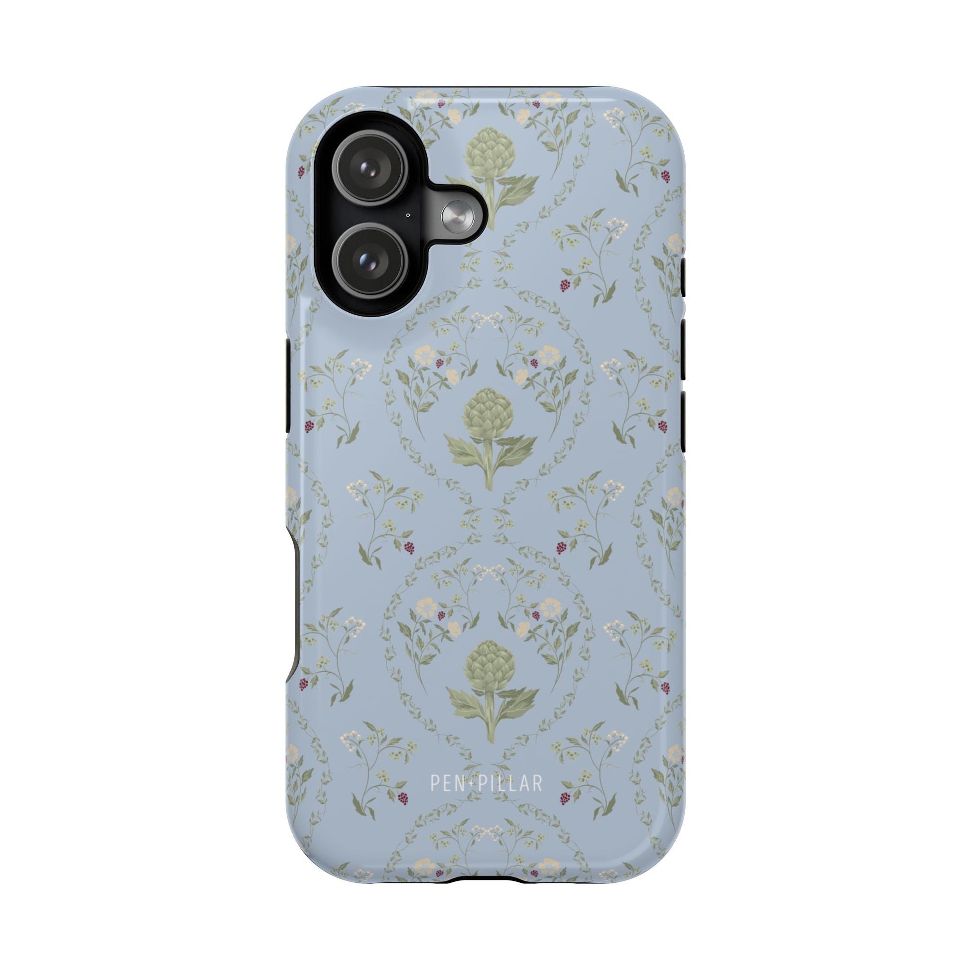 Artichoke iPhone case featuring a light blue background with floral patterns and artichoke designs.