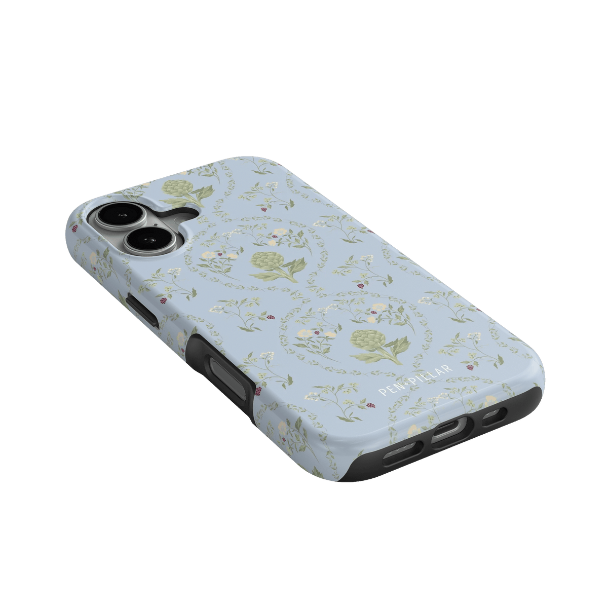 Artichoke iPhone case featuring a light blue background with floral patterns and a raised edge design.