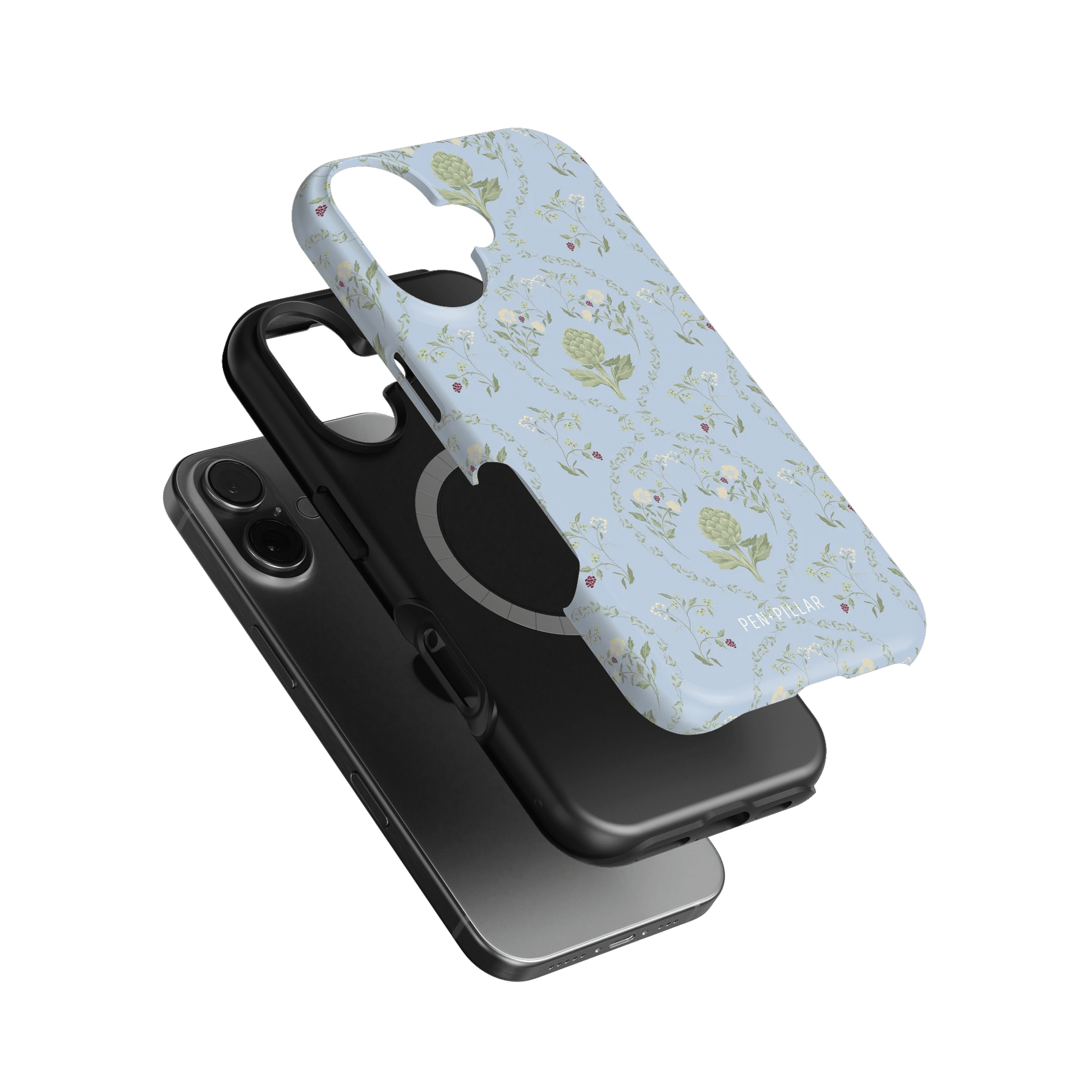 Artichoke iPhone case featuring a light blue floral design, stacked with a black phone case.