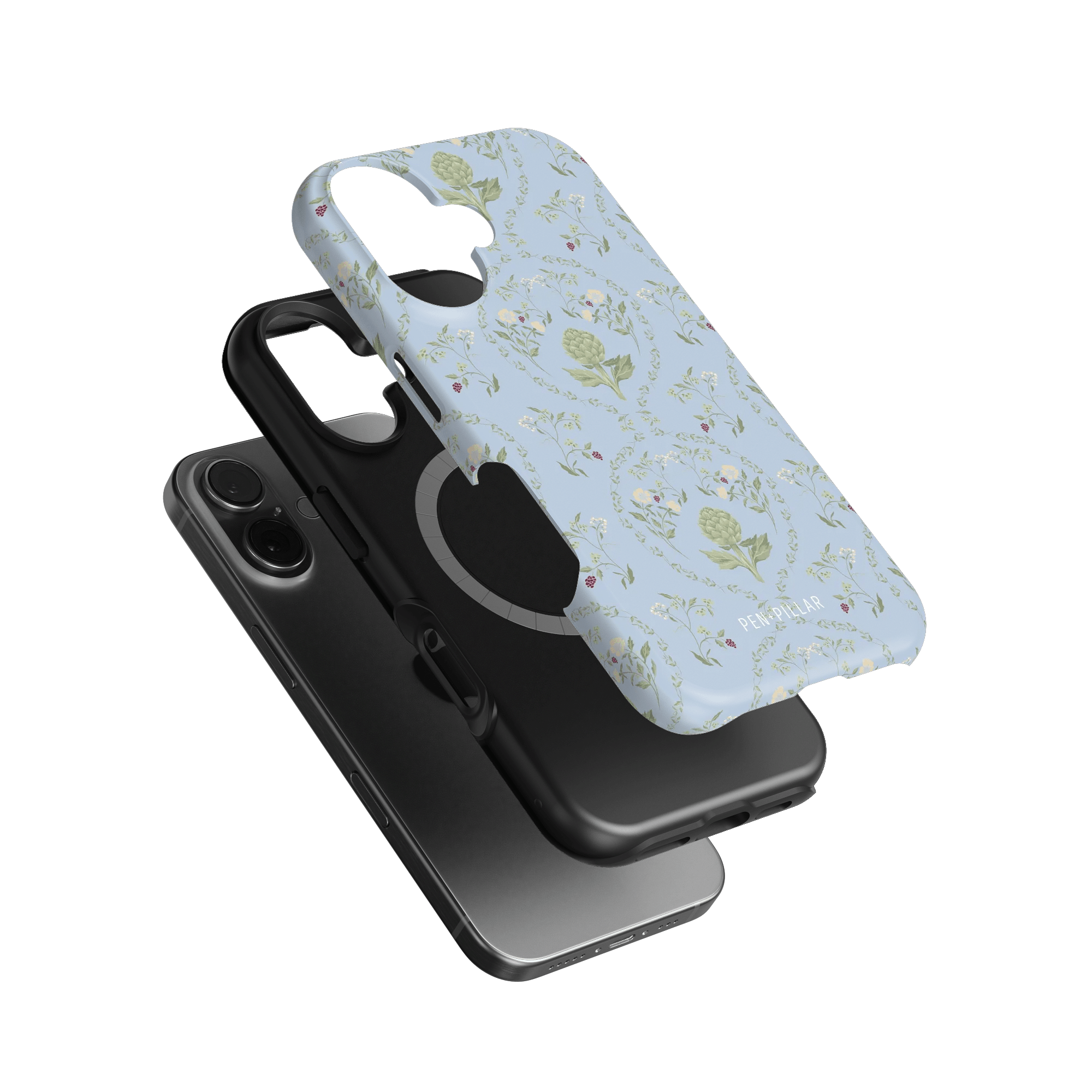 Artichoke iPhone case featuring a light blue floral design, stacked with a black phone case.
