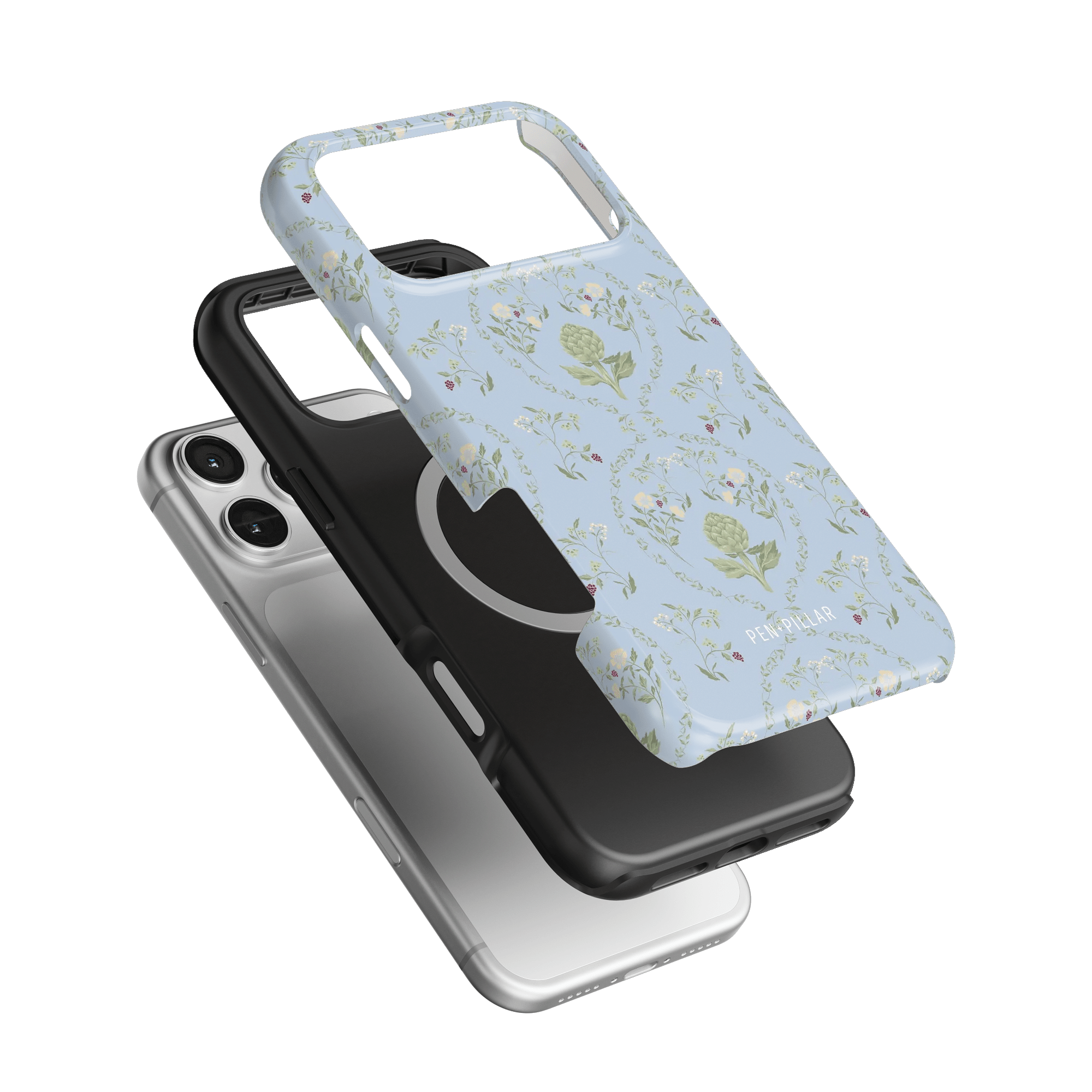 Artichoke iPhone case featuring a light blue floral design, stacked with a black and silver phone case.