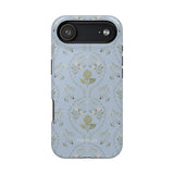 Artichoke iPhone case featuring a light blue background with floral patterns and a central artichoke design.