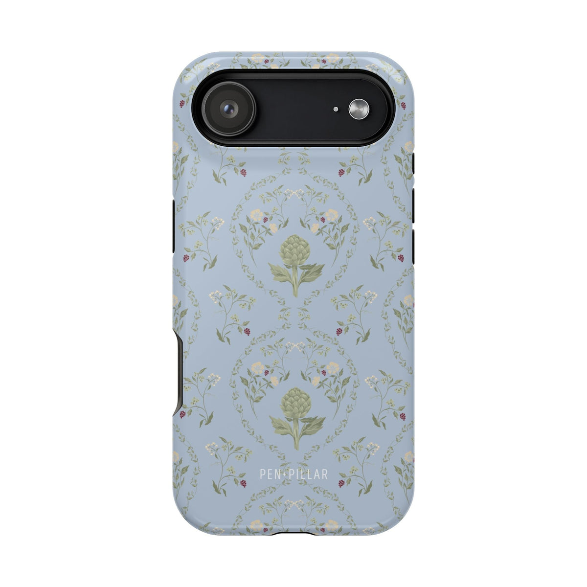 Artichoke iPhone case featuring a light blue background with floral patterns and a central artichoke design.