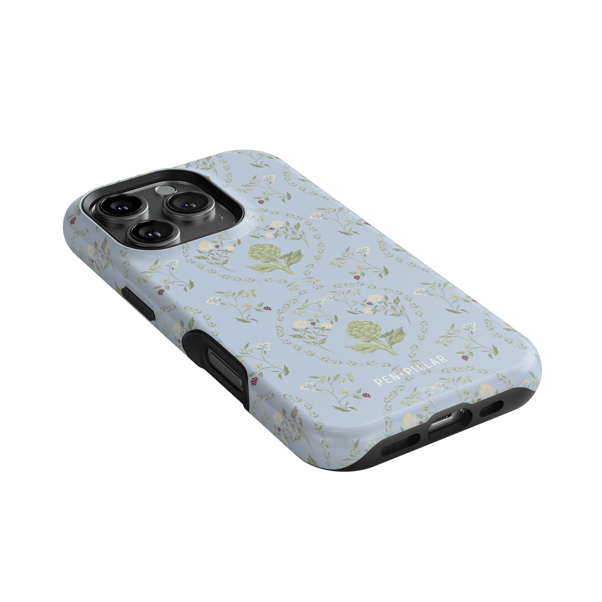 Artichoke iPhone case featuring a light blue background with floral patterns and artichoke illustrations.