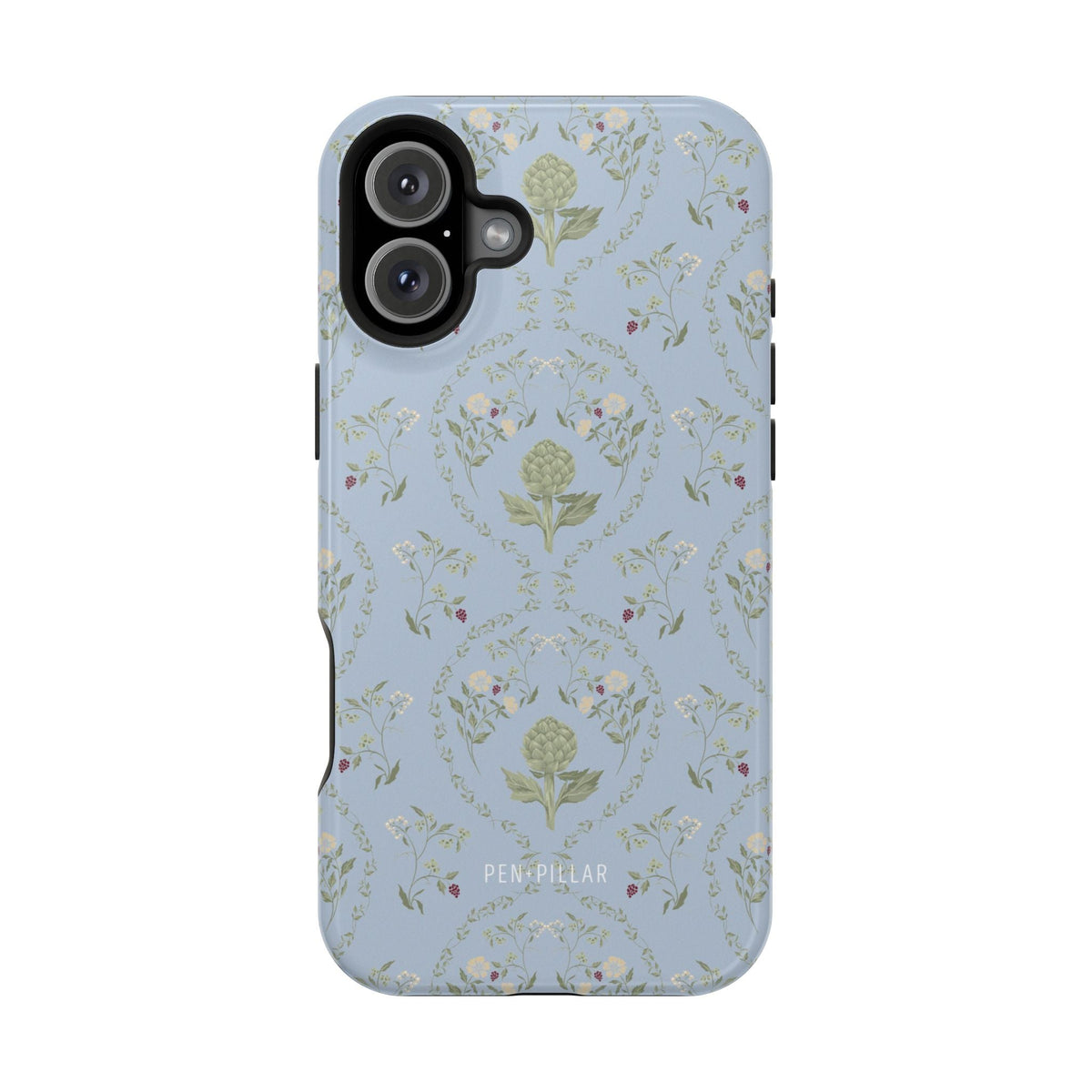 Artichoke iPhone case featuring a light blue background with floral patterns and a glossy finish.