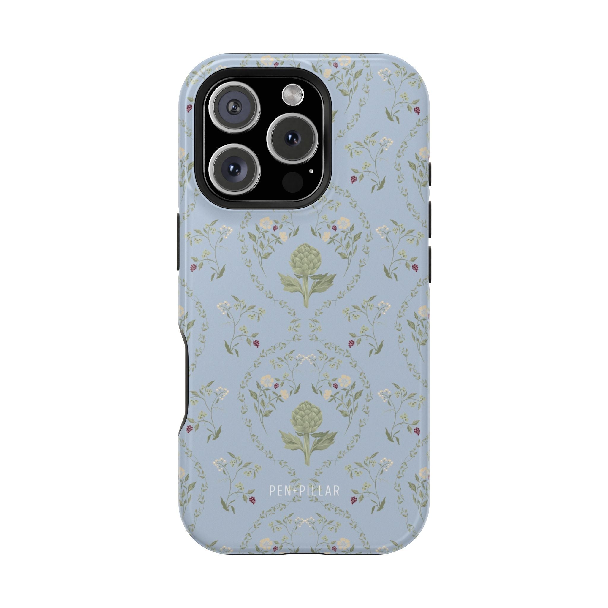 Artichoke iPhone case featuring a light blue background with floral patterns and a central artichoke design.