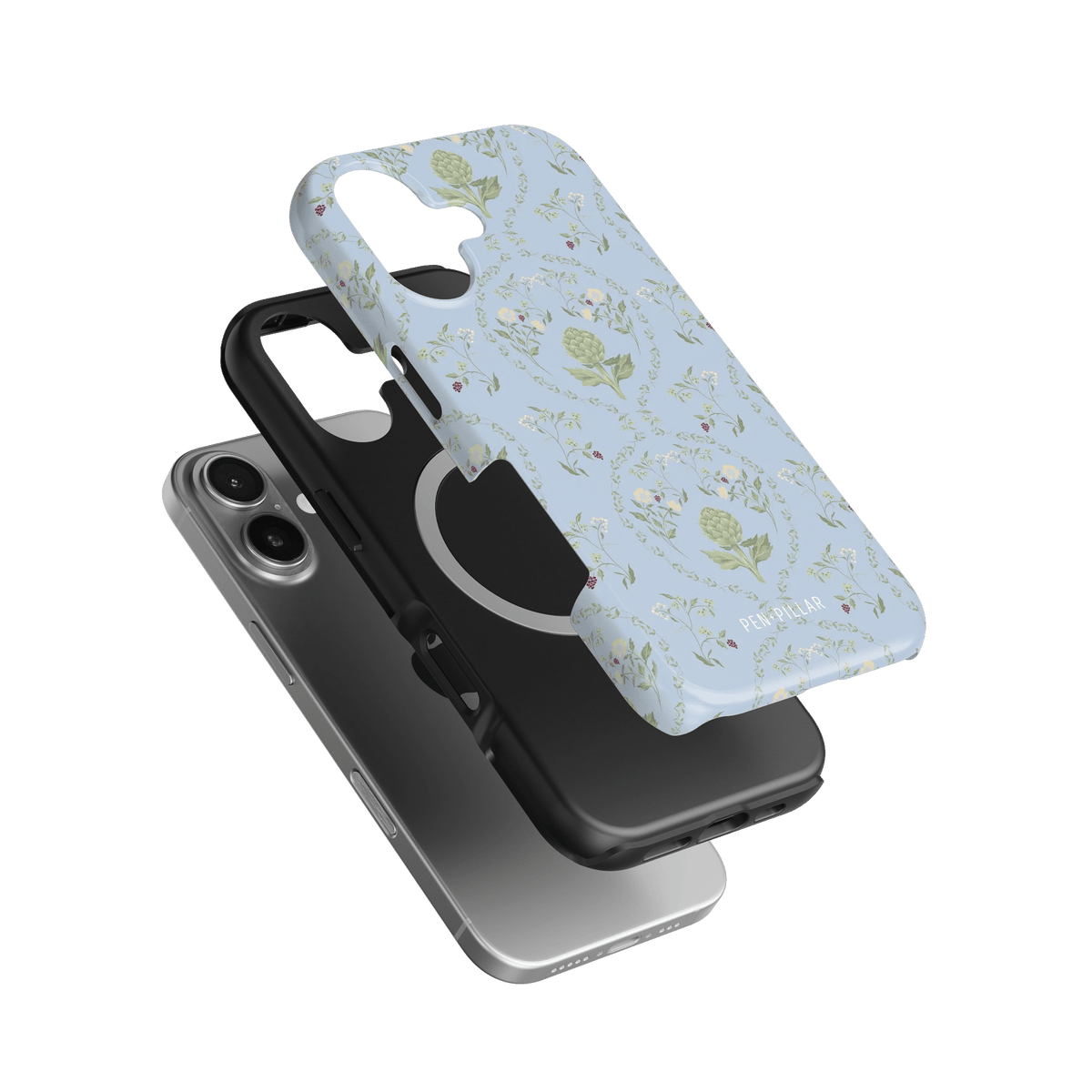 Artichoke iPhone case featuring a light blue floral design, layered over black and silver phone cases.