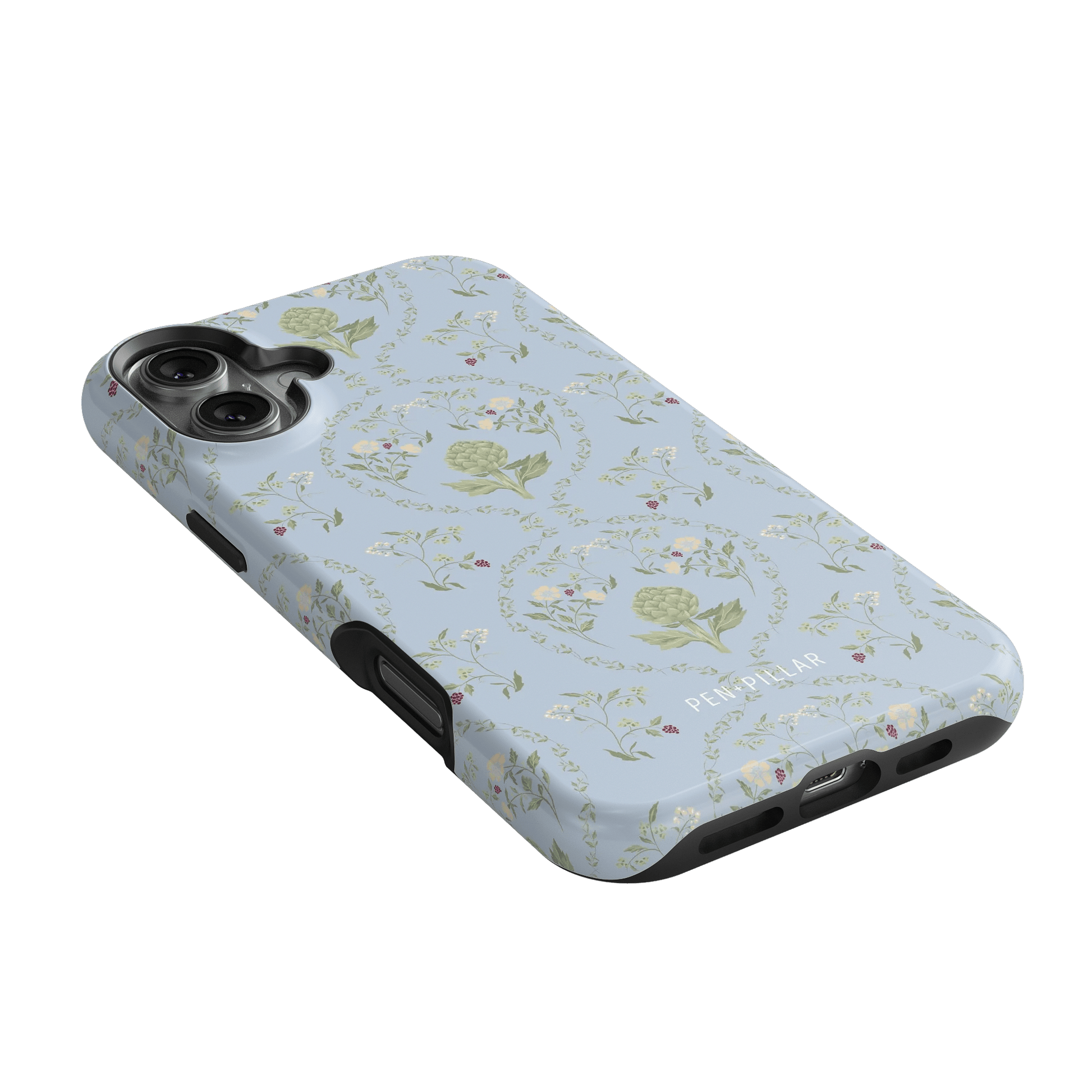 Artichoke iPhone case featuring a light blue background with floral patterns and artichoke illustrations.