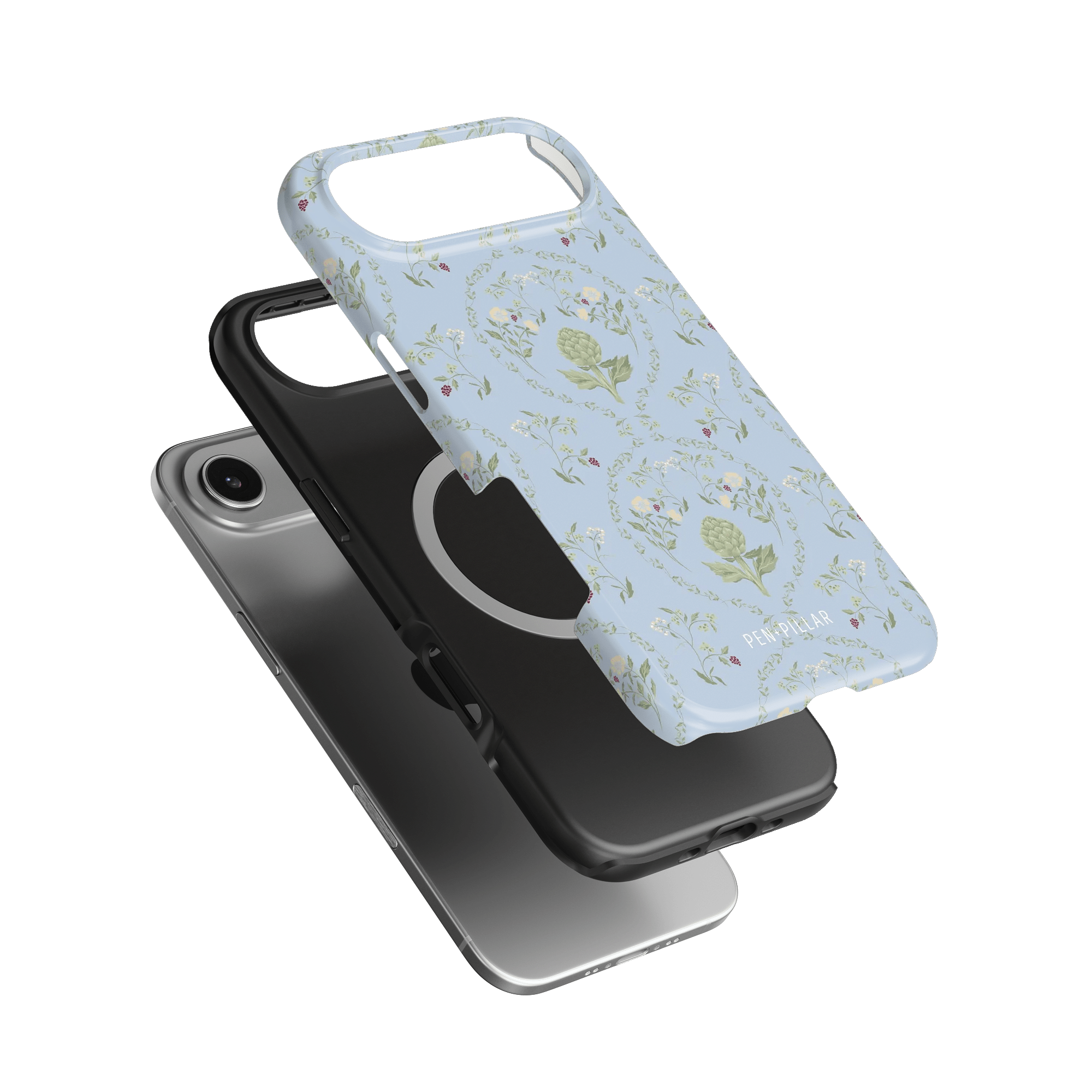 Artichoke iPhone case featuring a light blue floral design, layered over a black phone case.