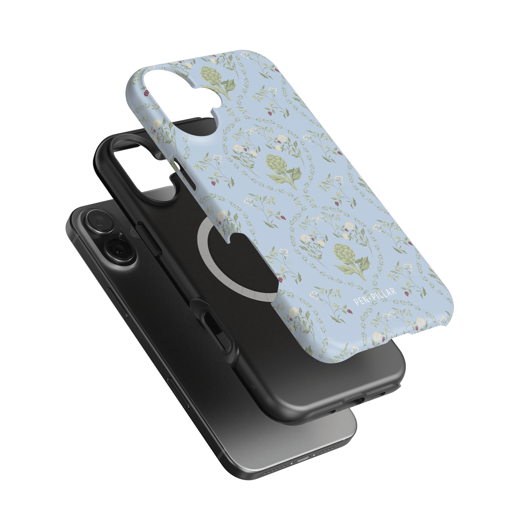 Artichoke iPhone case featuring a light blue floral design with artichoke illustrations, layered over a black phone case.