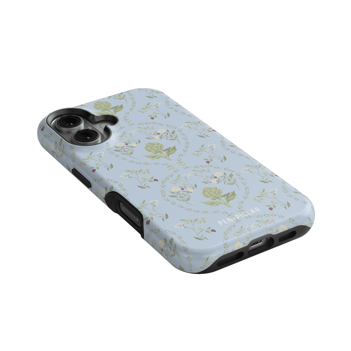 Artichoke iPhone case with a light blue background and floral pattern featuring artichokes and small flowers.