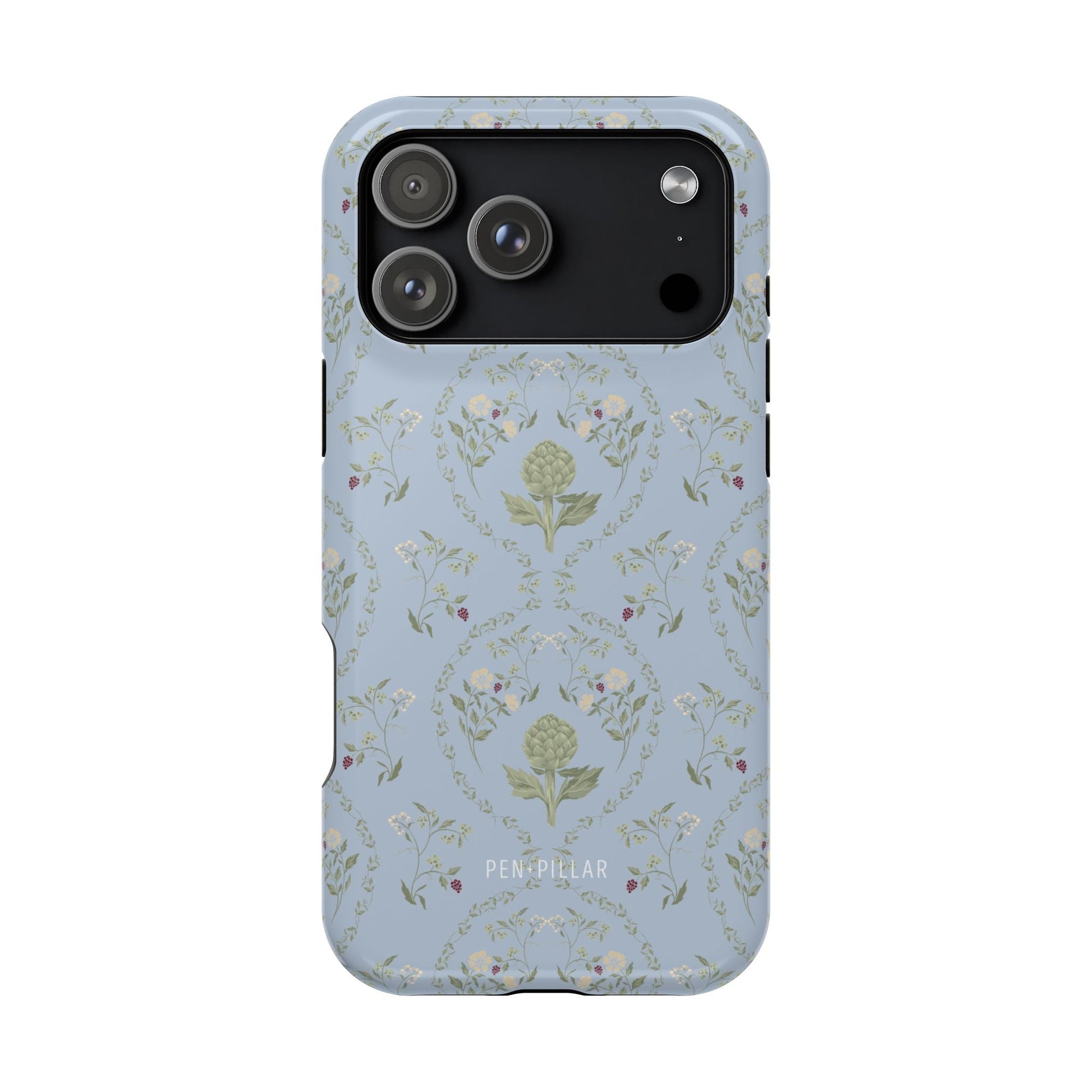 Artichoke iPhone case featuring a light blue background with floral patterns and a glossy finish.
