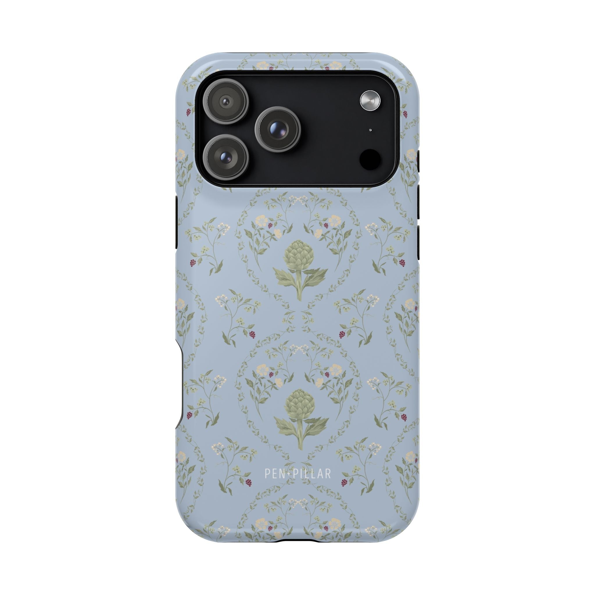 Artichoke iPhone case featuring a light blue background with floral patterns and a glossy finish.