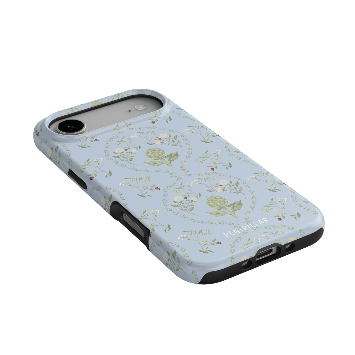 Artichoke iPhone case with a light blue floral pattern and black edges, angled to show the camera cutout.