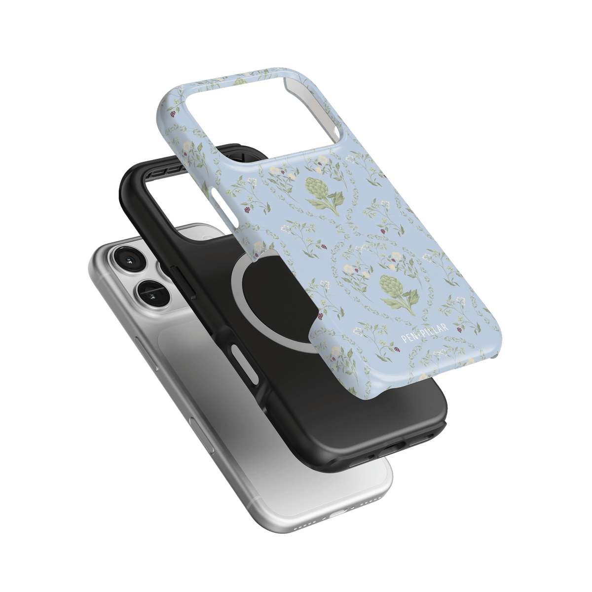 Artichoke iPhone case featuring a light blue floral design, stacked with black and silver cases.