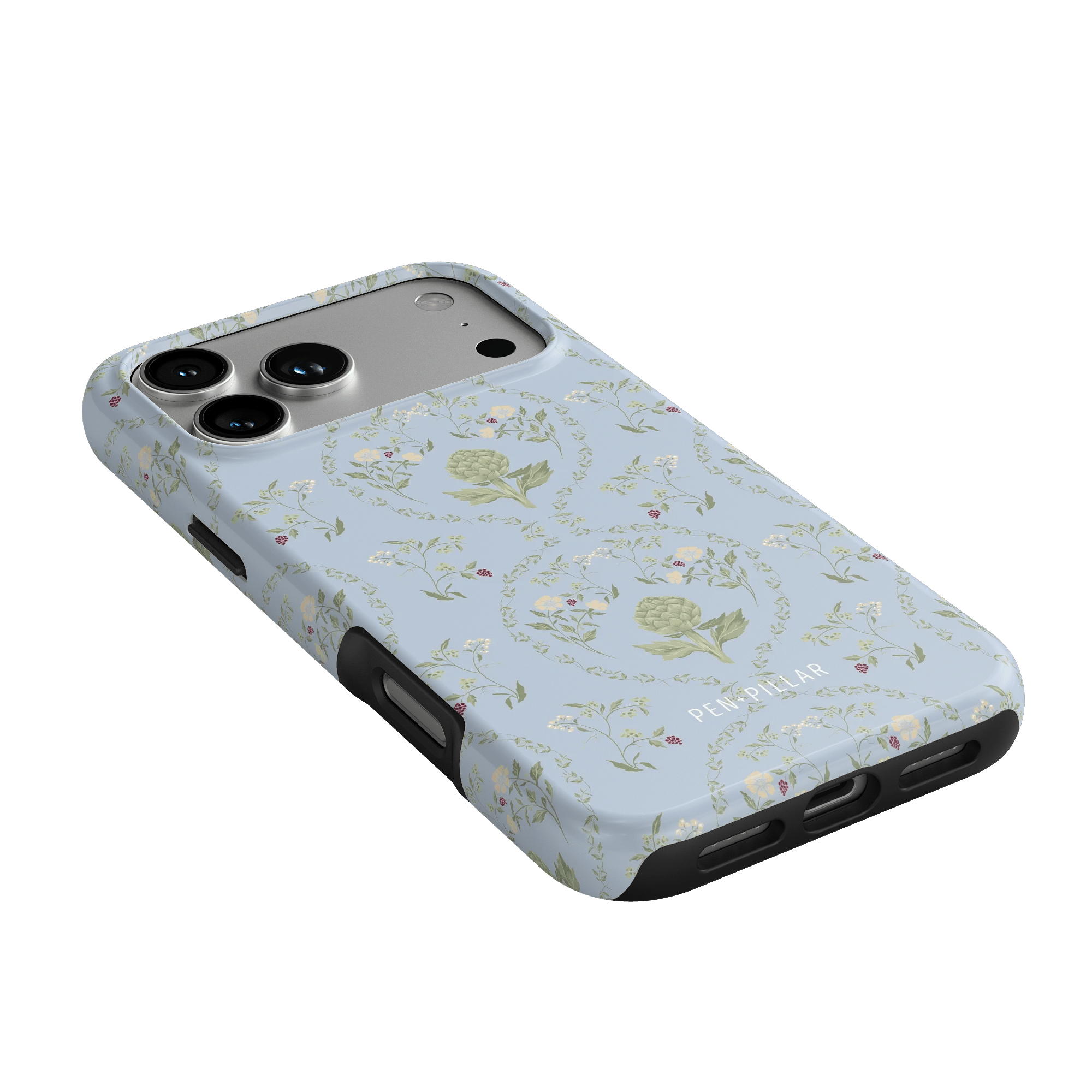 Artichoke iPhone case featuring a light blue floral design with artichokes and small flowers, angled view showing buttons ...