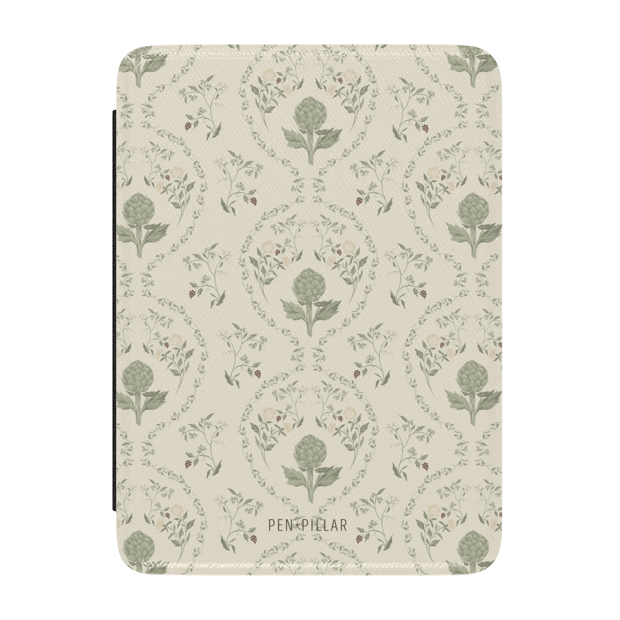 Artichoke Kindle case featuring a floral pattern with artichokes in green and soft beige background.