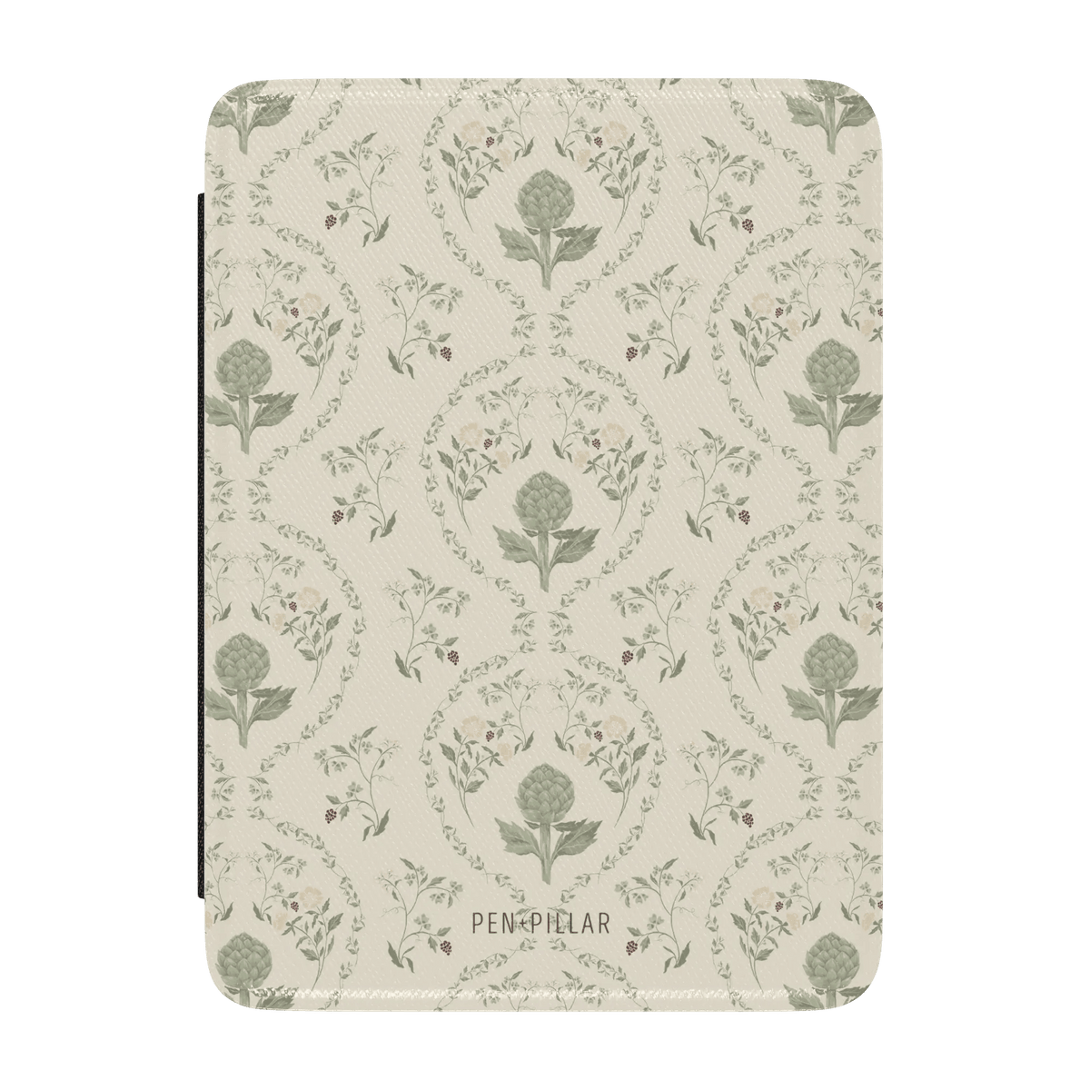 Artichoke Kindle case featuring a floral pattern with artichokes in green and soft beige background.