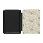 Artichoke Kindle case with a floral design in green and beige, featuring a textured black interior.