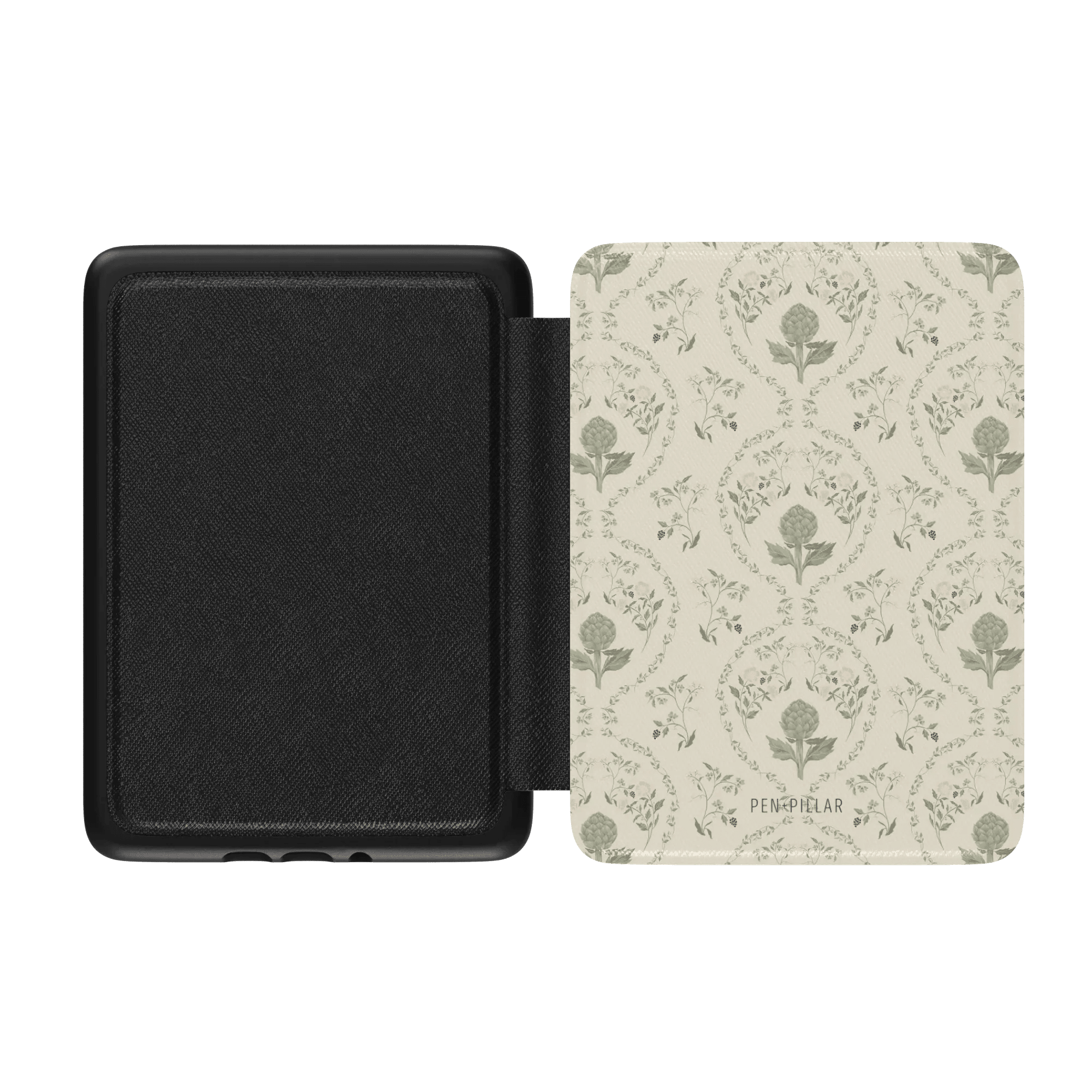 Artichoke Kindle case with a floral design in green and beige, featuring a textured black interior.