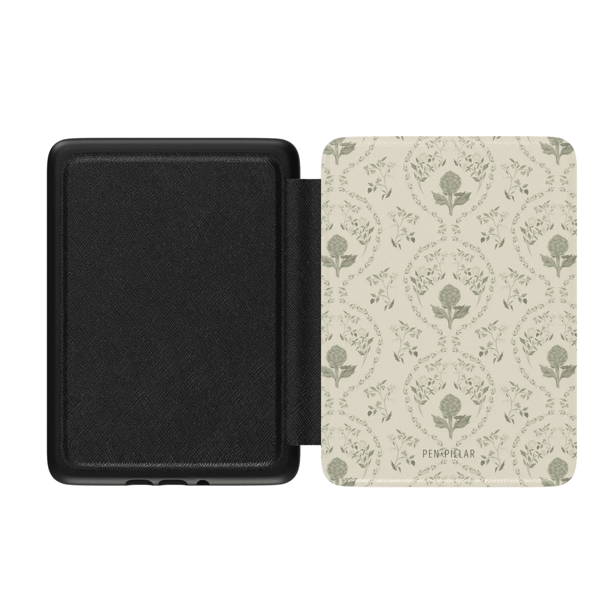 Artichoke Kindle case with a floral design in green and beige, featuring a textured black interior.