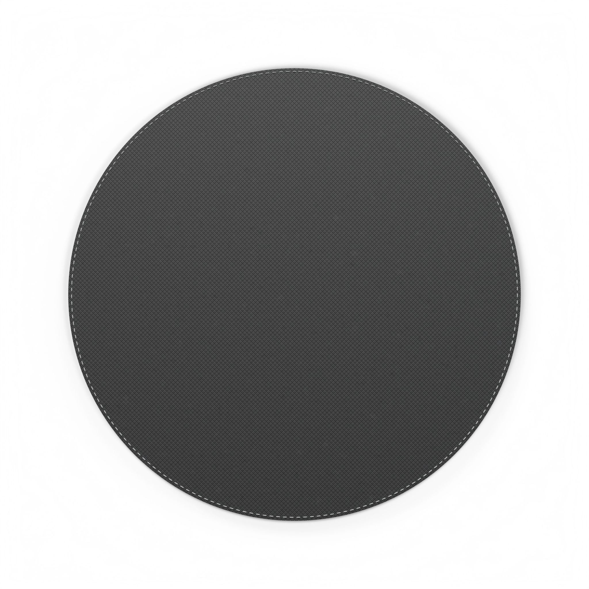 Round artichoke mouse pad with a textured dark gray surface and white stitching around the edge.