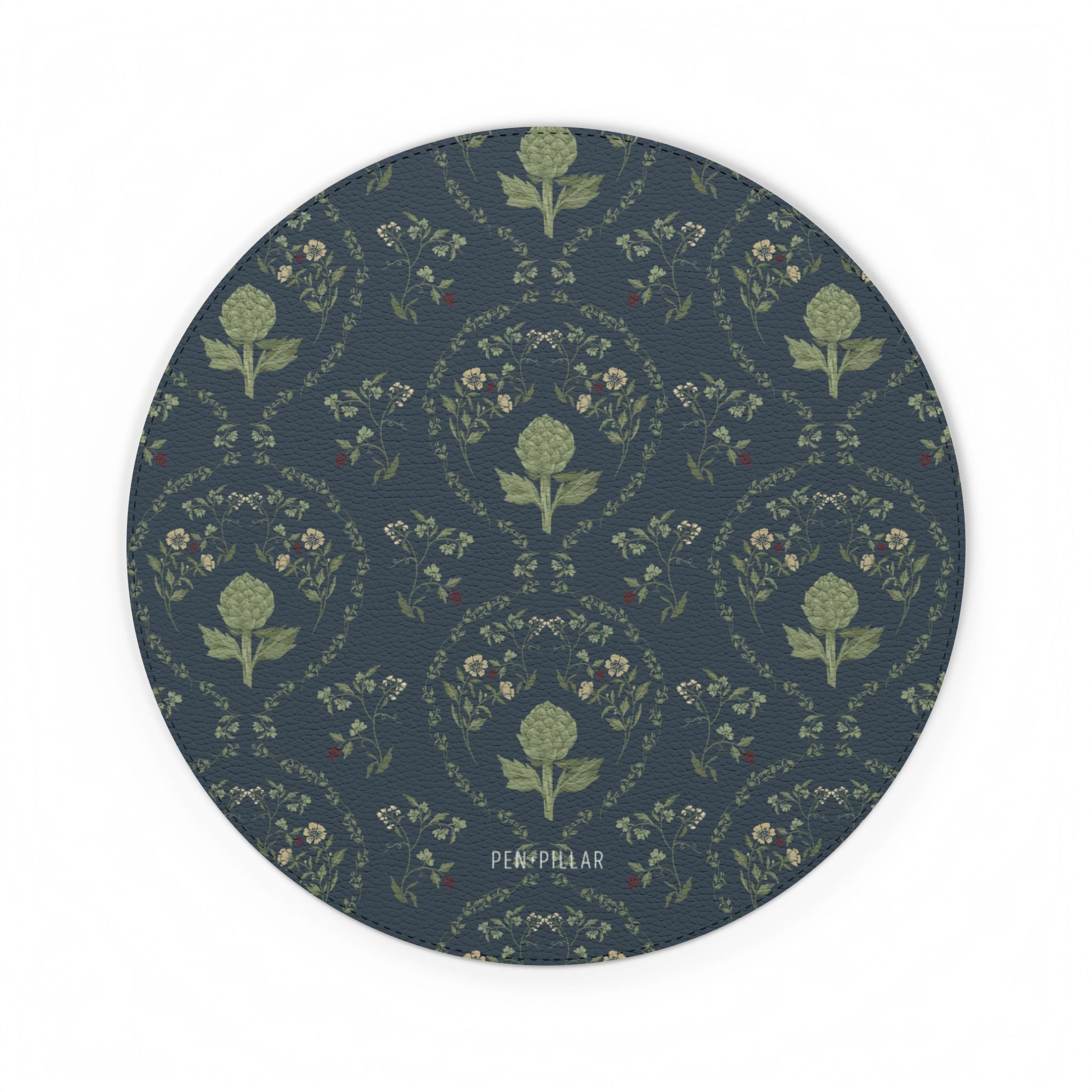 Round artichoke mouse pad featuring a dark blue background with intricate floral patterns and green artichoke designs.