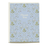 Artichoke thank you card featuring a light blue background with floral patterns and gold text.
