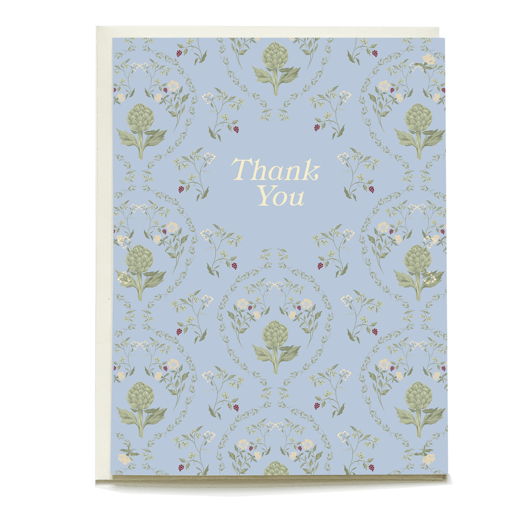 Artichoke thank you card featuring a light blue background with floral patterns and gold text.