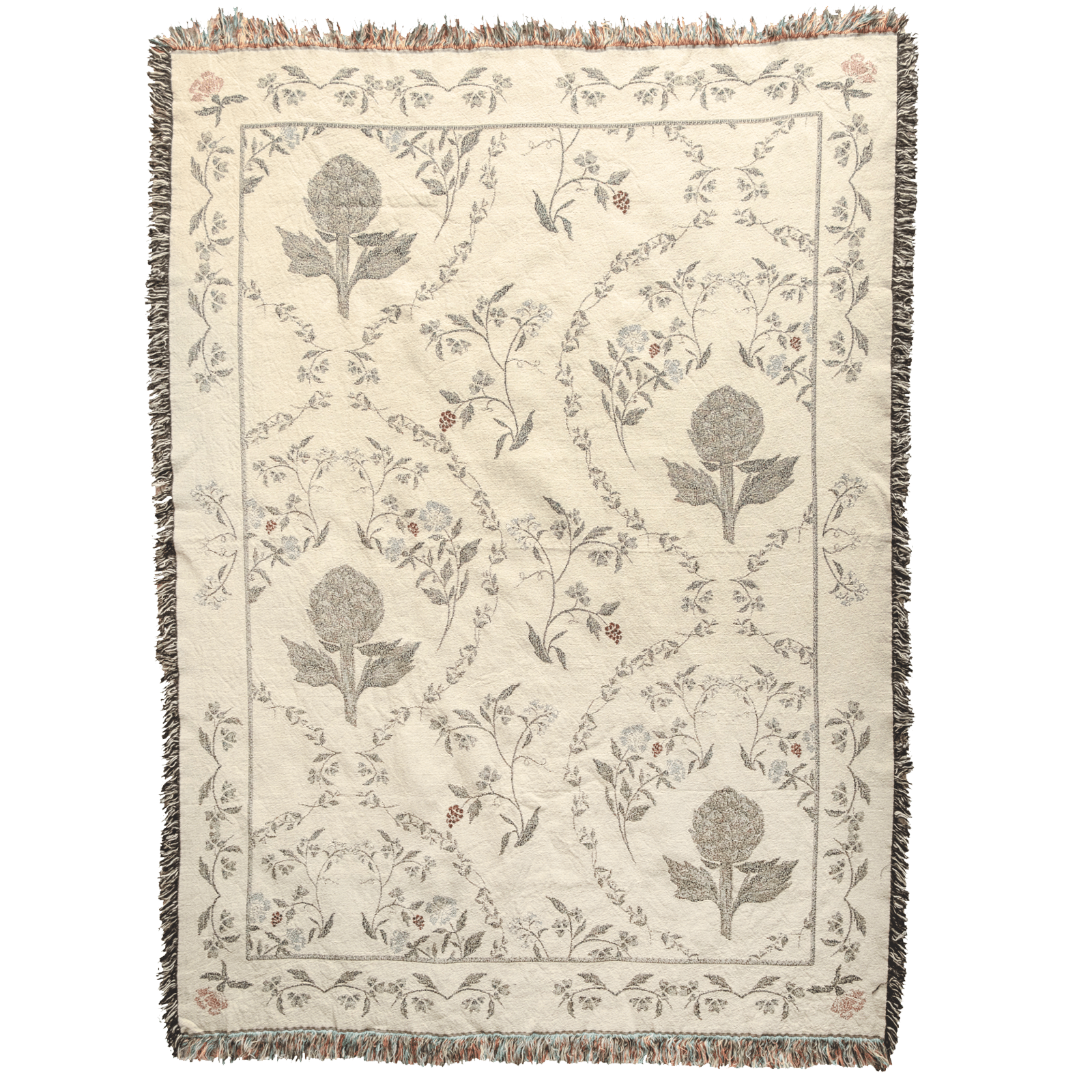 Artichoke woven blanket featuring floral patterns in muted colors with a fringed edge.