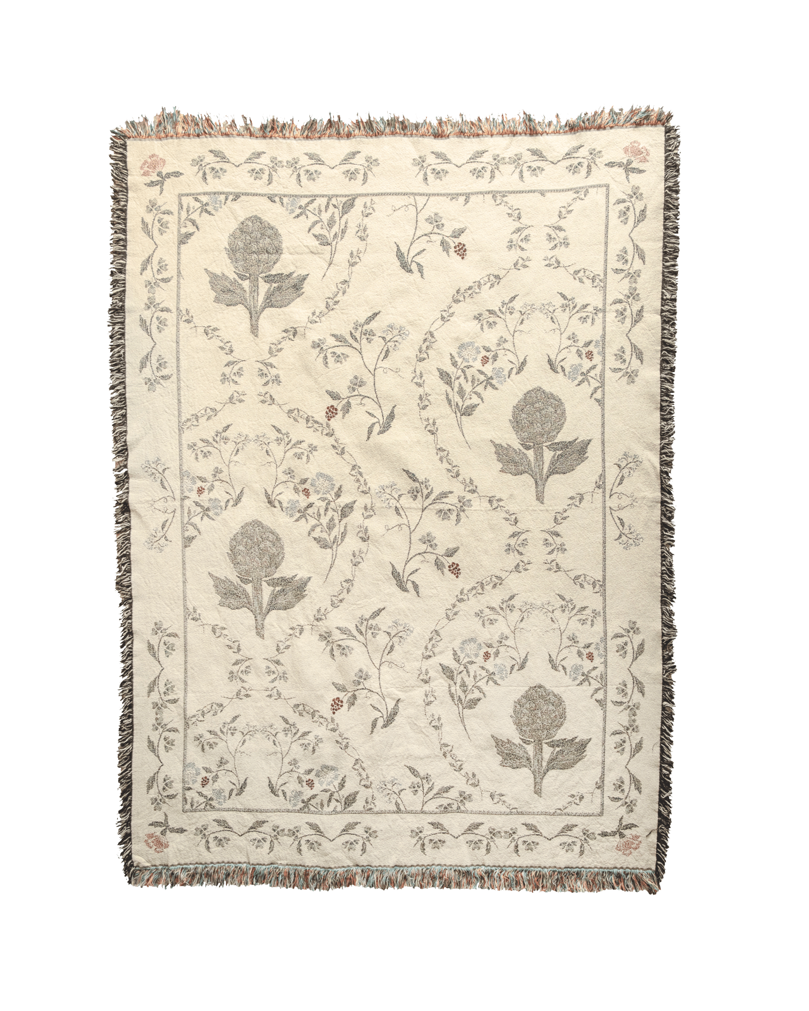 Artichoke woven blanket featuring floral patterns in muted colors with a fringed edge.