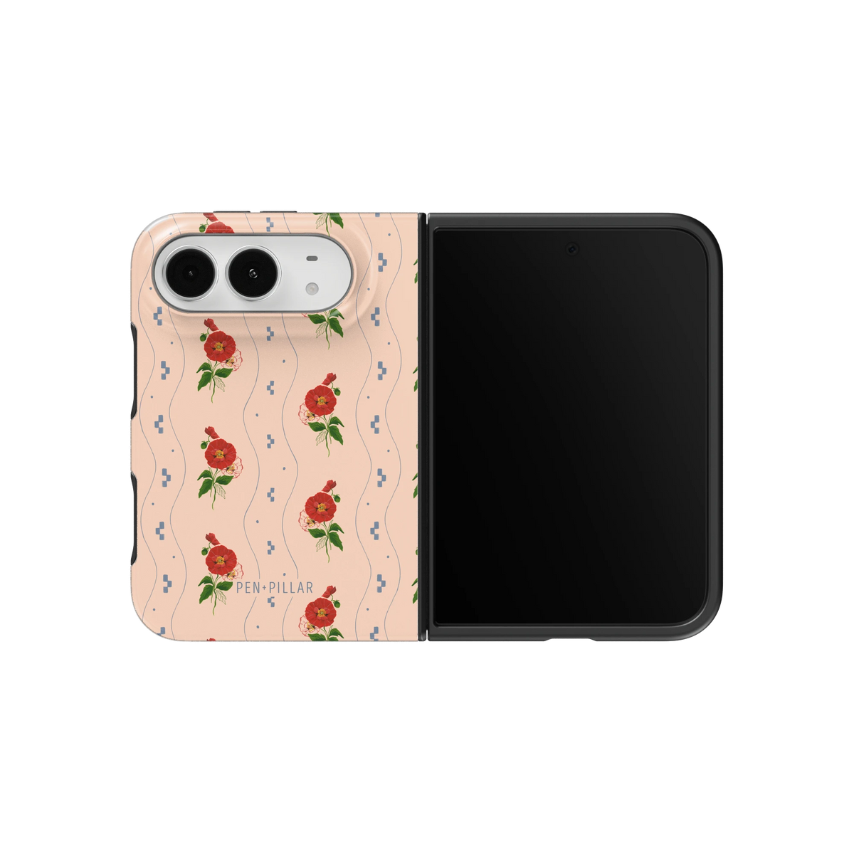 August Birth Month iPhone 18 Duo case on an unfolded iPhone 18 Duo, back and screen side by side: red poppies on trailing vines over blush