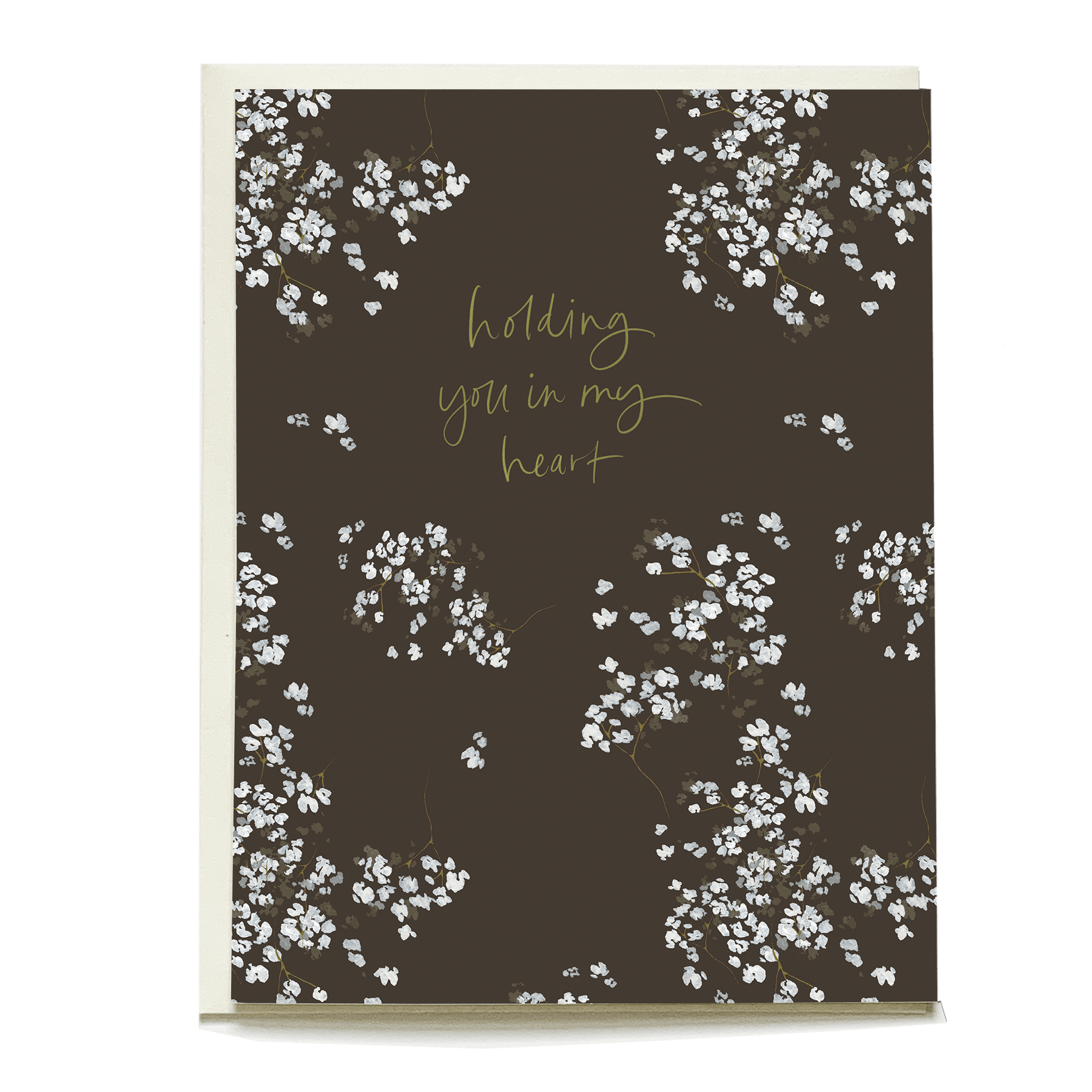 Baby's breath sympathy card with a dark background and gold text saying "holding you in my heart.