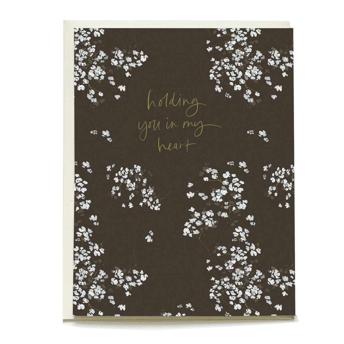 Baby's breath sympathy card with a dark background and gold text saying "holding you in my heart.