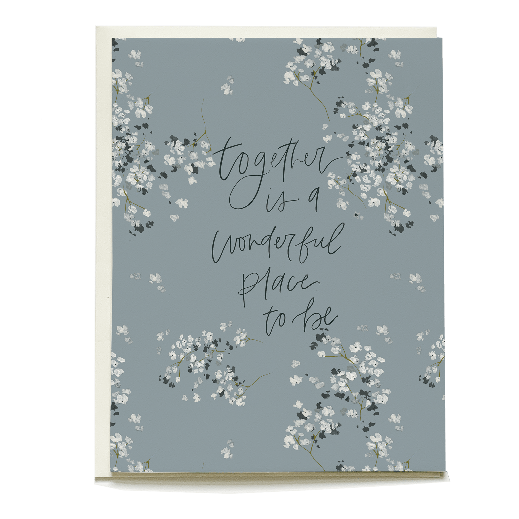 Baby's breath wedding card featuring floral design and handwritten text on a blue background.