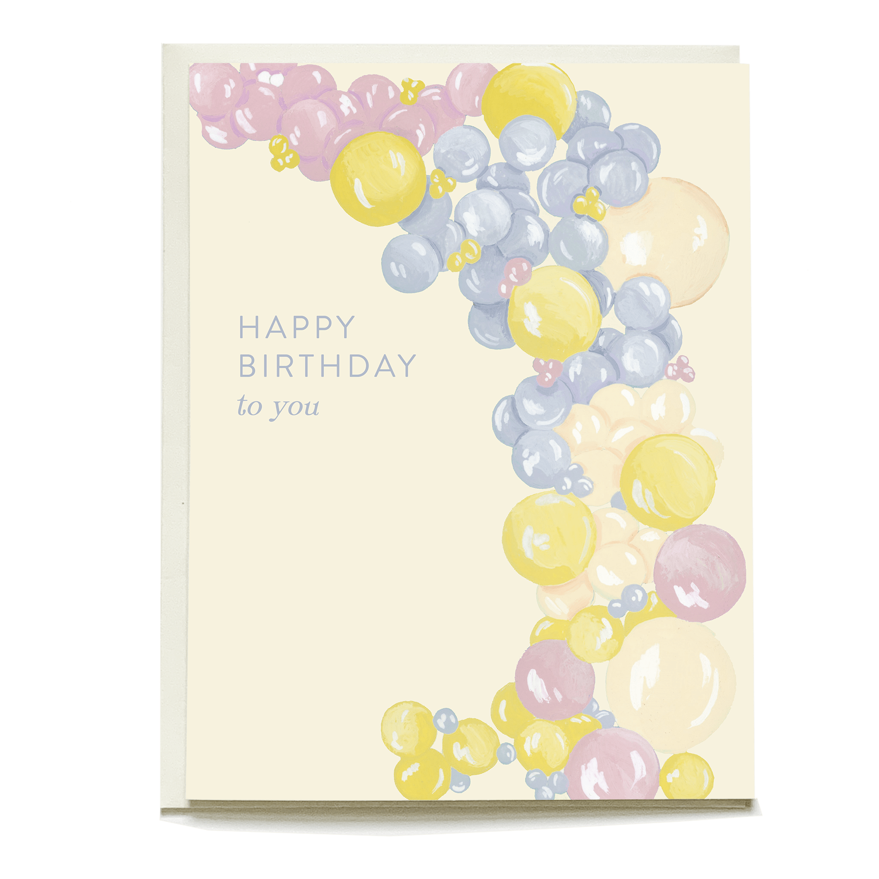 Balloon arch birthday card featuring pastel balloons in yellow, pink, and blue with "Happy Birthday to you" text.