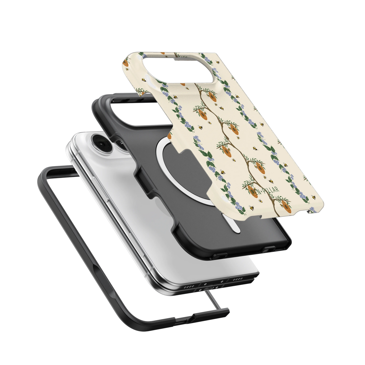 Beehive iPhone 18 Duo case, exploded view of the printed shell, black inner layer with MagSafe ring, and phone