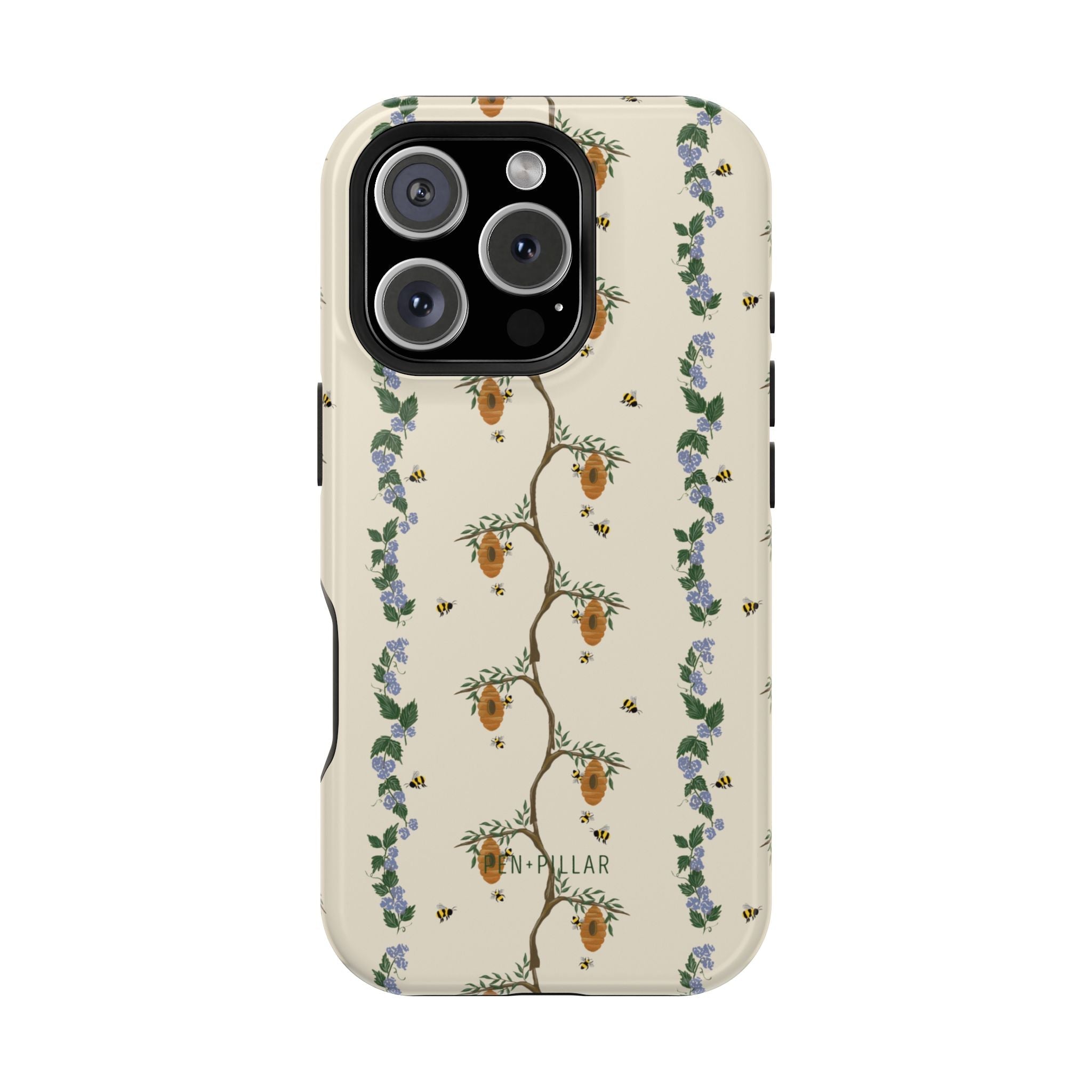 Beehive iPhone case featuring a floral design with bees and honeycombs on a cream background.