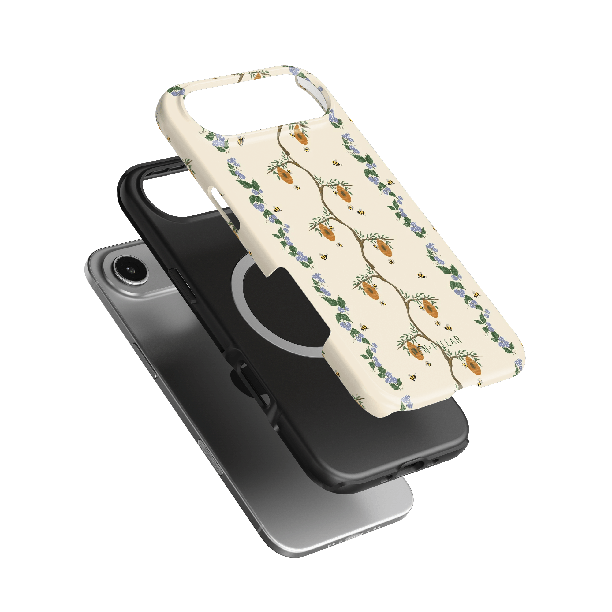 Beehive iPhone case featuring a floral design with bees on a cream background, layered over a black phone case.