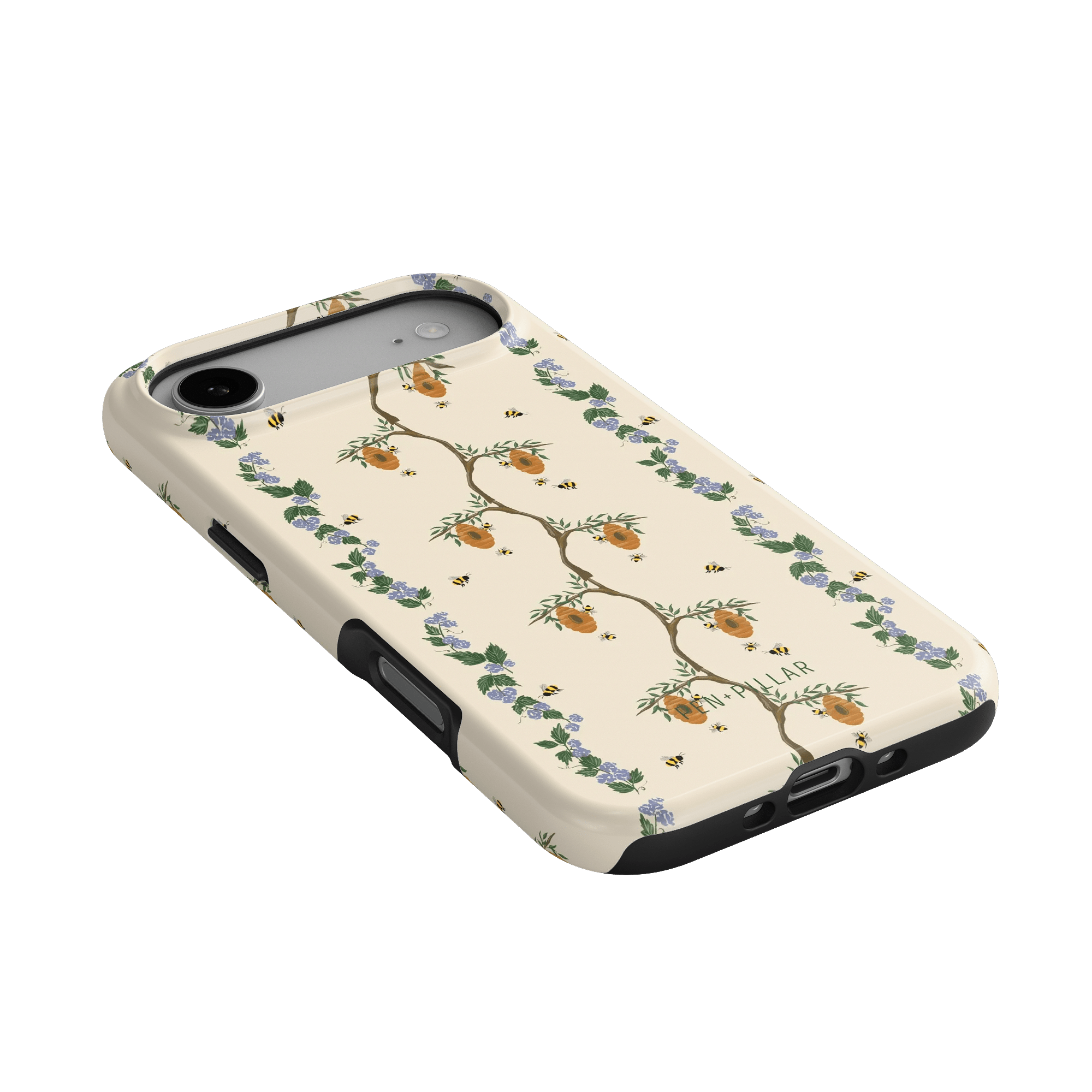 Beehive iPhone case featuring a floral design with bees and orange blossoms on a cream background.