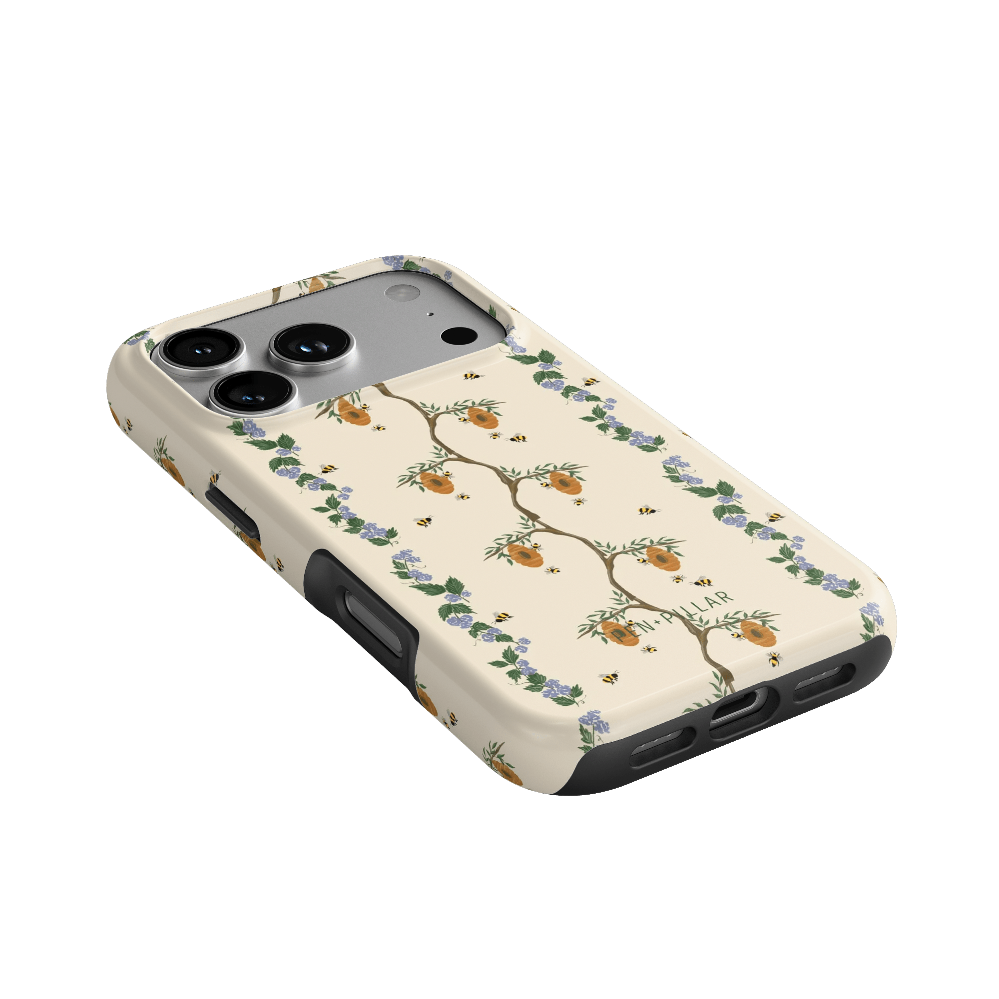 Beehive iPhone case featuring a floral design with bees and vines on a cream background, angled view showing camera cutout.
