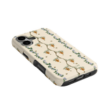 Beehive iPhone case featuring a floral design with bees and orange blossoms on a cream background.