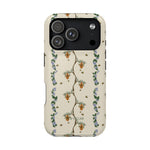Beehive iPhone case featuring a floral design with bees and honeycombs on a light beige background.