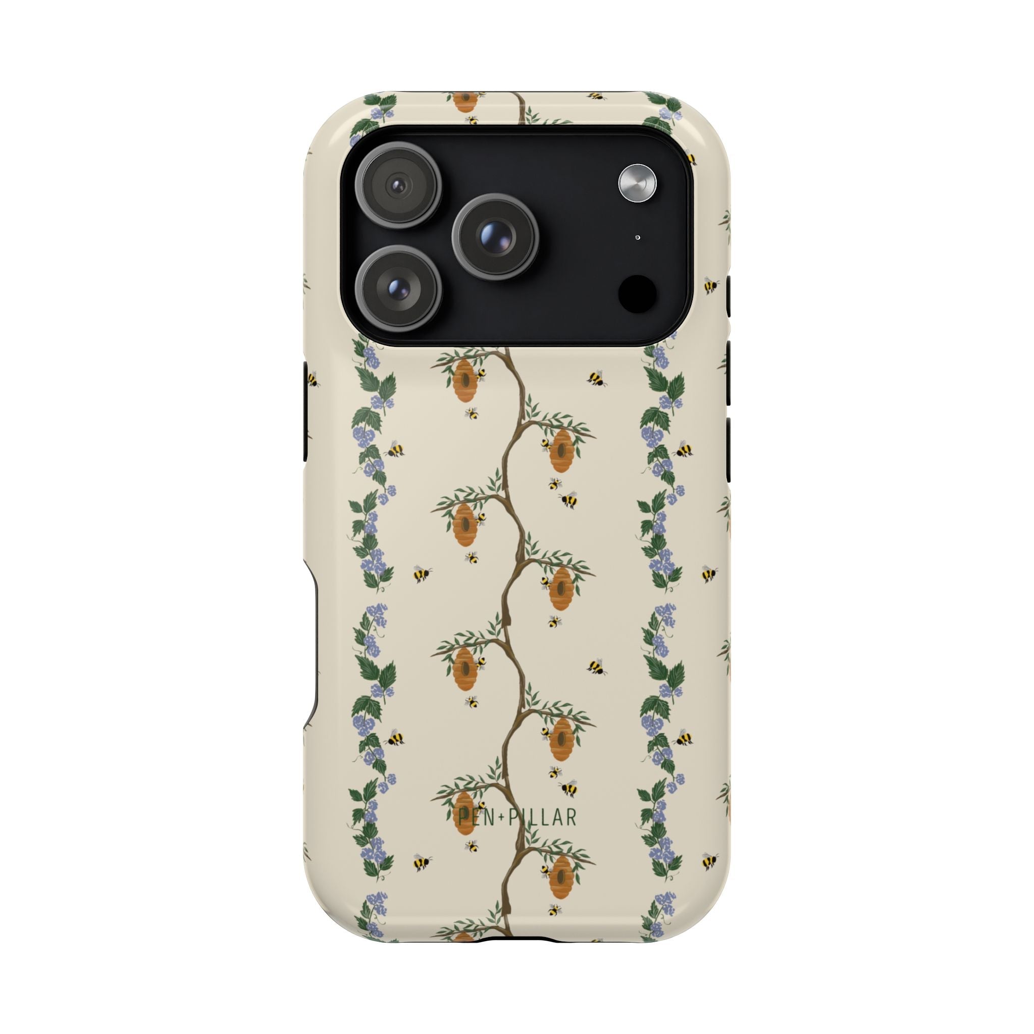 Beehive iPhone case featuring a floral design with bees and honeycombs on a light beige background.