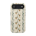 Beehive iPhone case featuring a floral design with bees and beehives on a cream background.