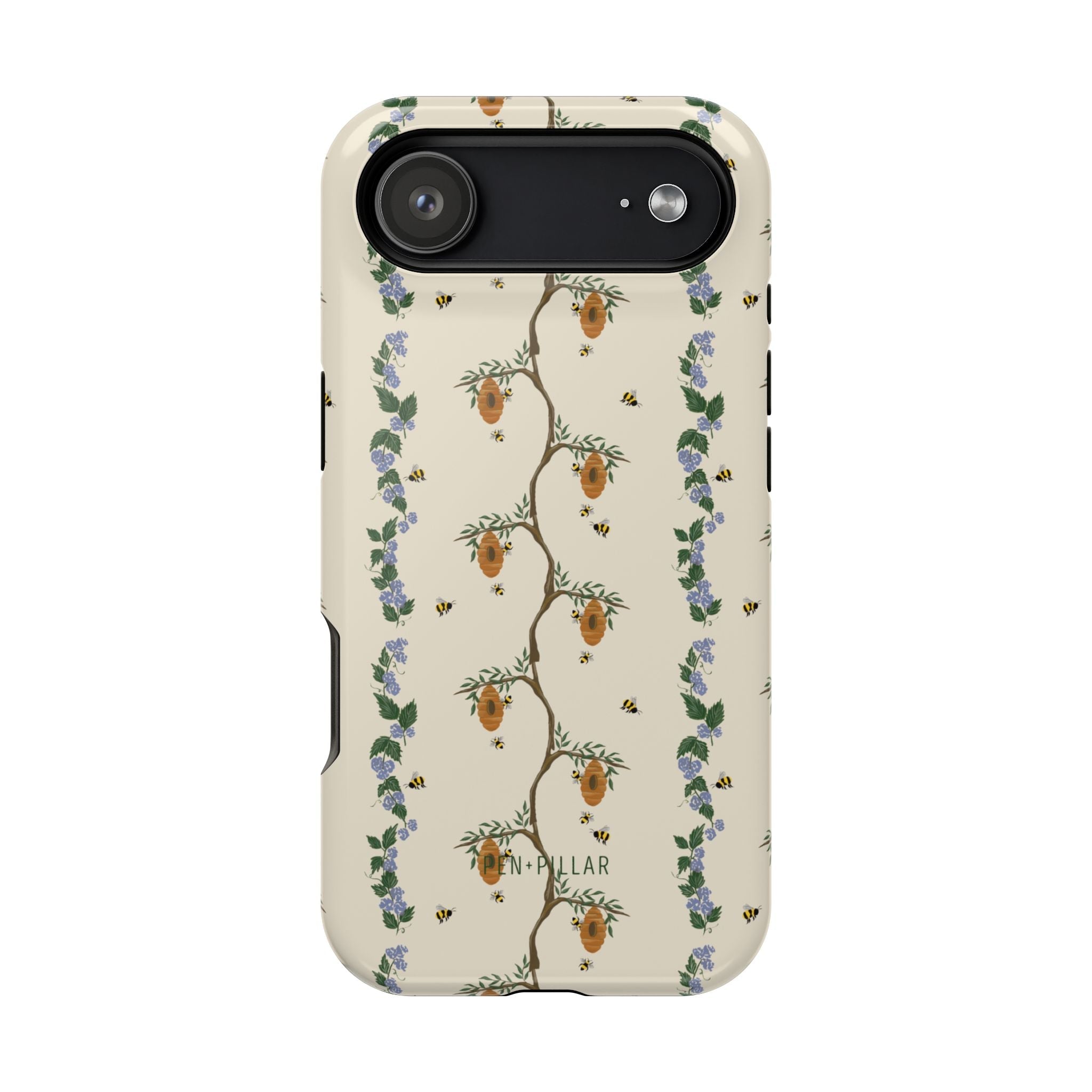 Beehive iPhone case featuring a floral design with bees and beehives on a cream background.