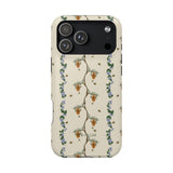 Beehive iPhone case featuring a floral design with bees and honeycombs on a cream background.