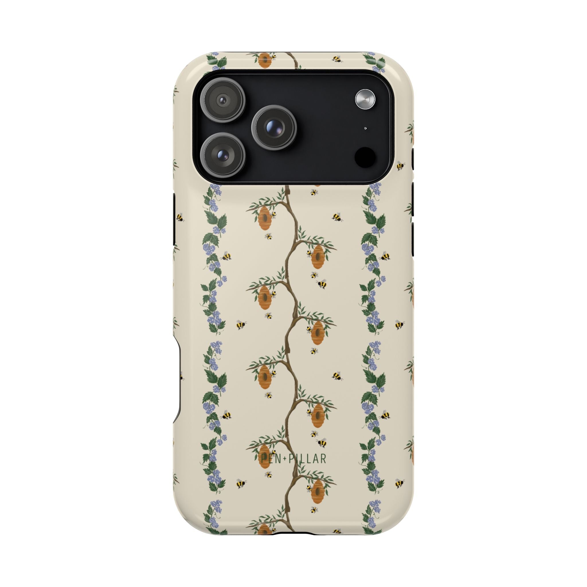 Beehive iPhone case featuring a floral design with bees and honeycombs on a cream background.