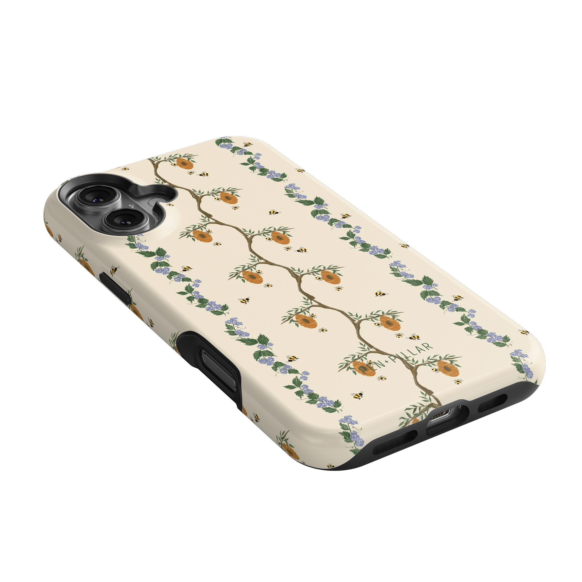 Beehive iPhone case featuring a floral design with bees and honeycomb on a light background, angled view.