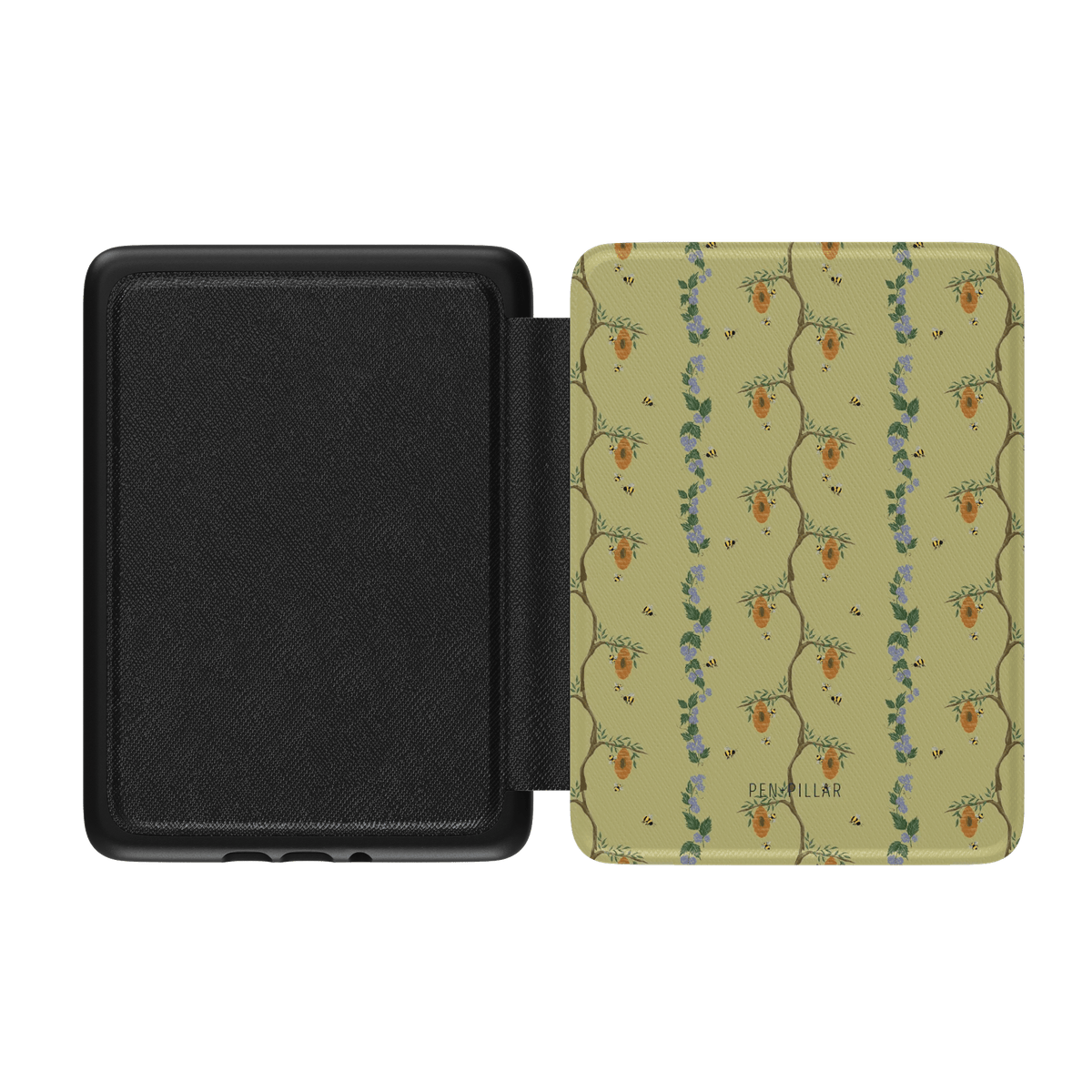 Open black Kindle case with a green exterior featuring a beehive and floral vine pattern and the PENPILLAR brand name.